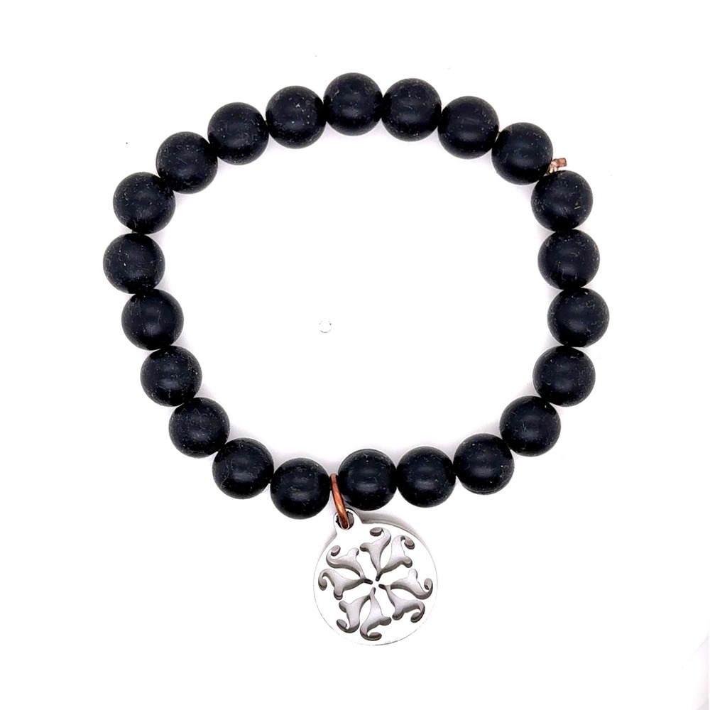 Rustic Cuff Matte Black Beaded Stretch Bracelet Silver Tone Logo Charm